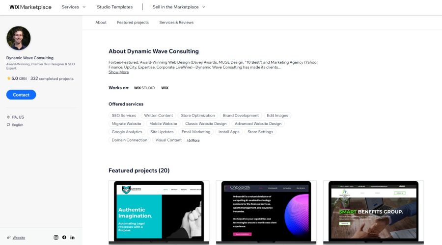 wix marketplace profile